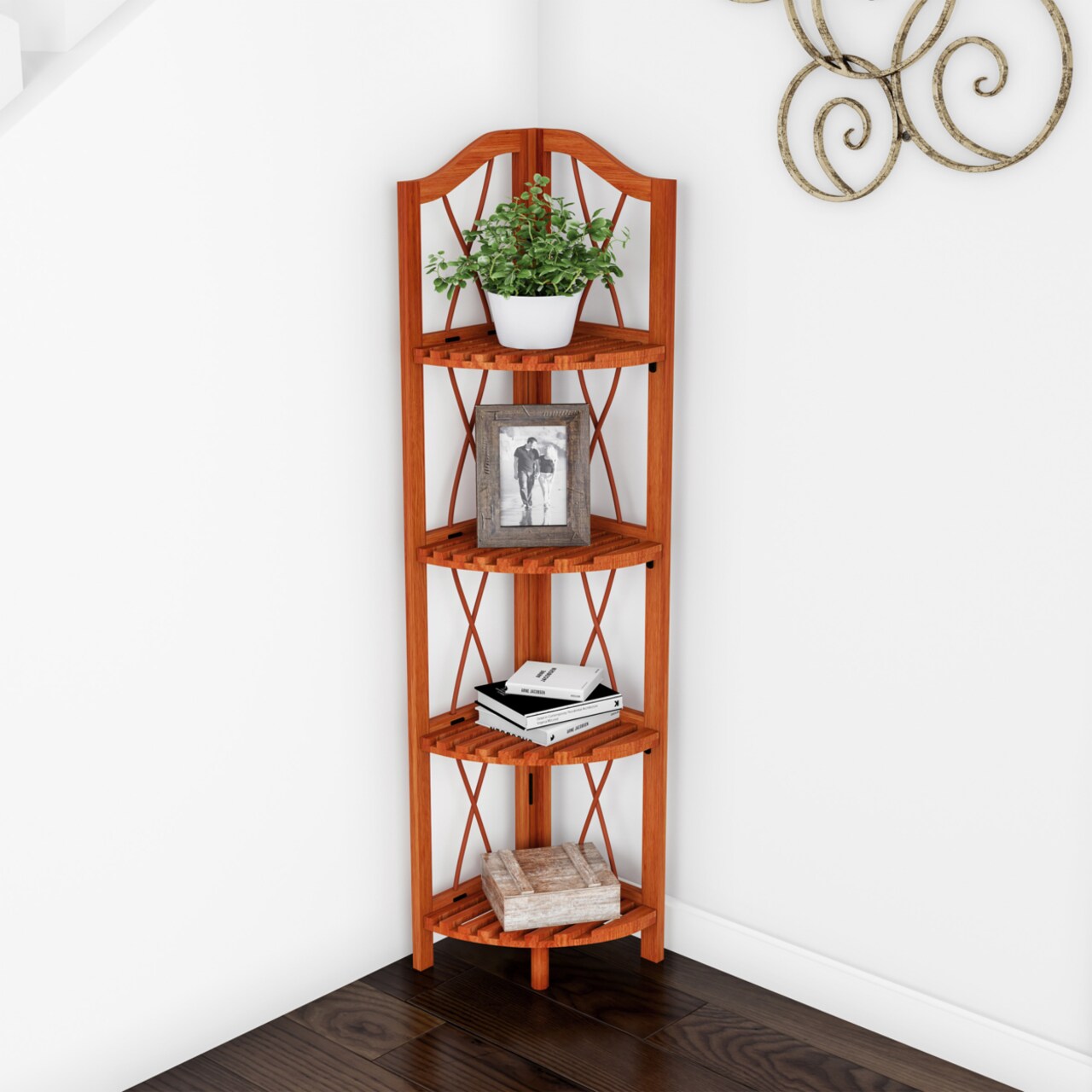 Folding Corner Shelf 4 Tier Wooden Bookcase Pecan Finish Space-Saving Organizer